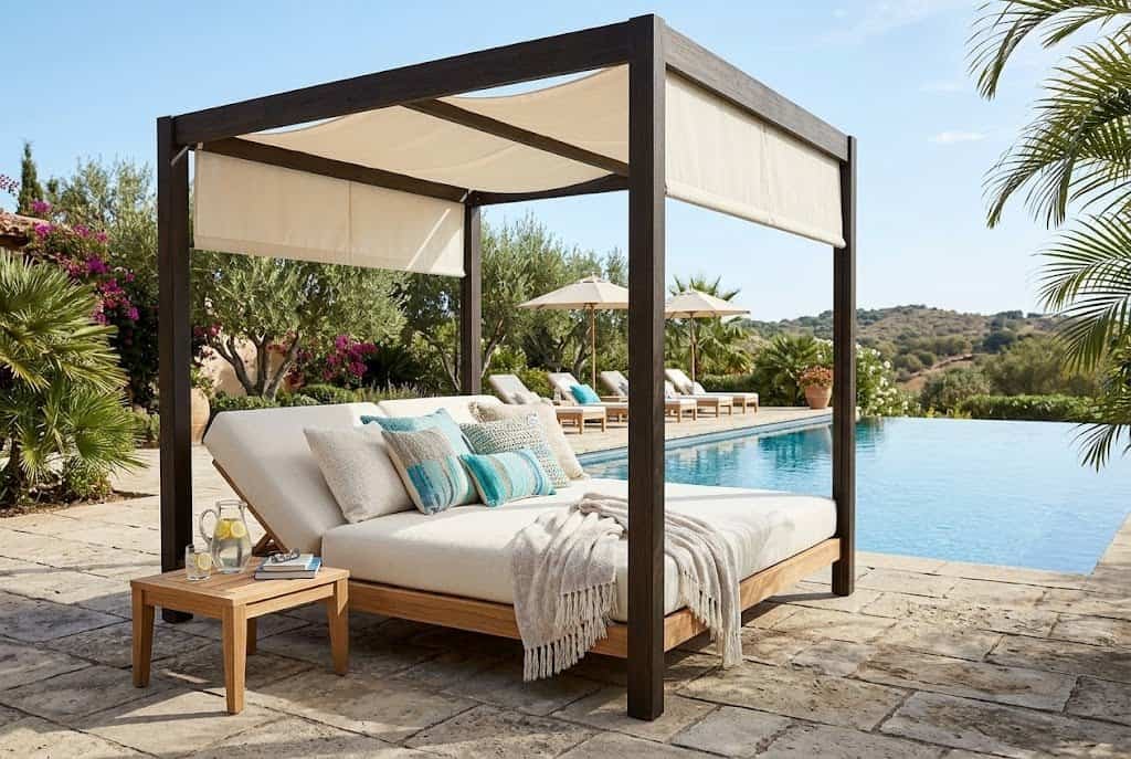luxury outdoor daybed with canopy on pool deck for resort cabana feel