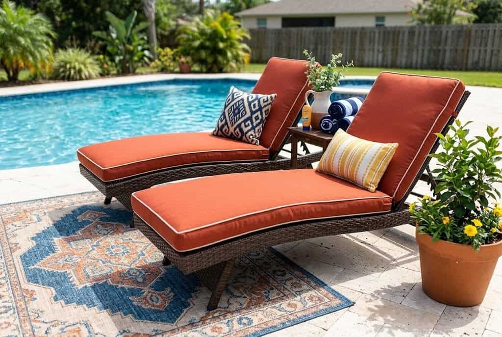 colorful outdoor cushions on pool deck furniture for fresh new look