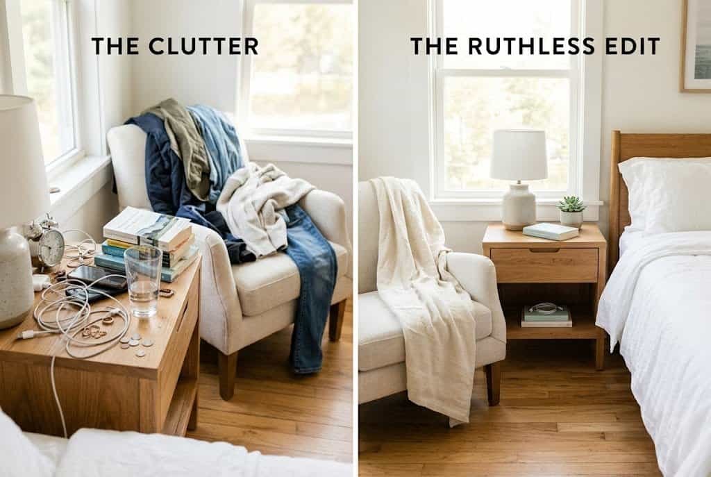 Clean and minimal bedroom with organized surfaces and reduced clutter for a calm summer feel