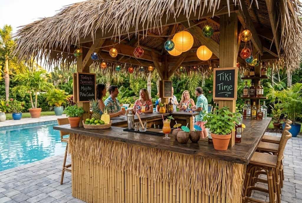 tiki bar on pool deck with tropical drinks and bamboo decor