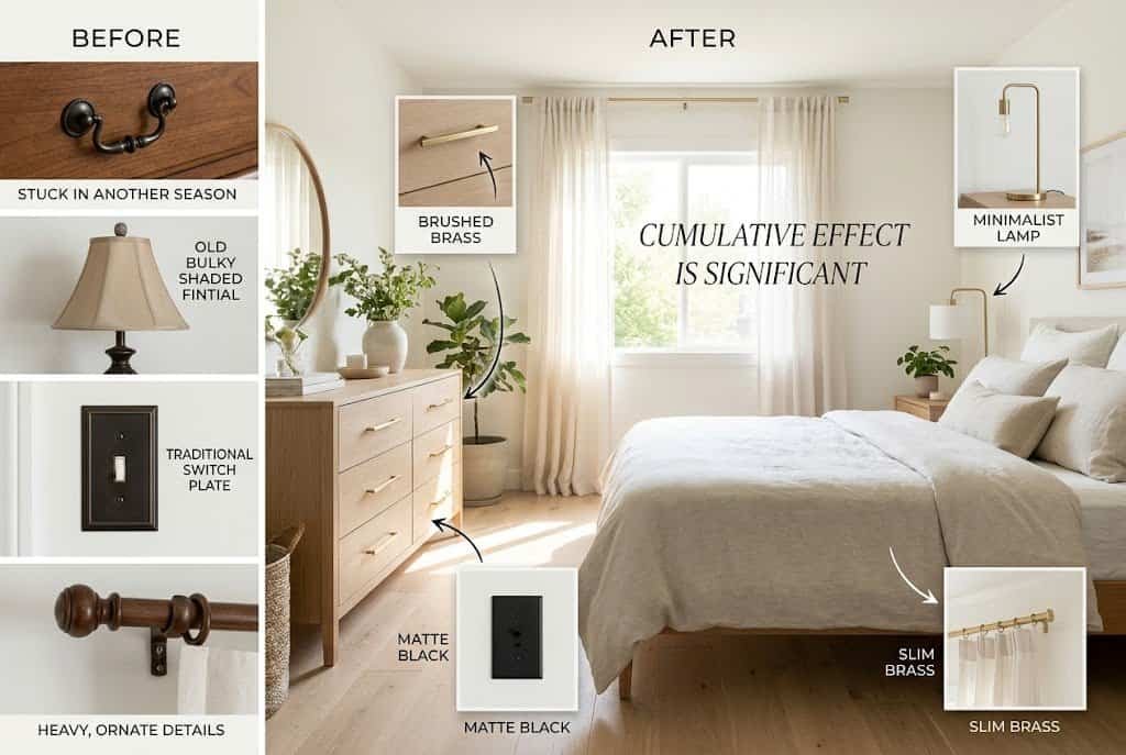 Close-up of modern bedroom hardware like drawer handles and lamps updated for a fresh summer style
