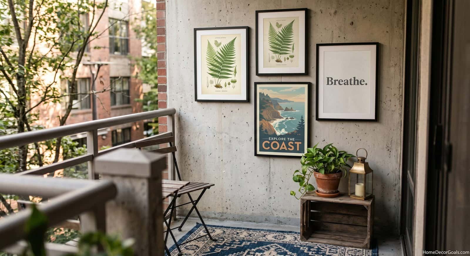Cozy balcony with framed botanical art, potted plants, and stylish decor for maximizing small outdoo.