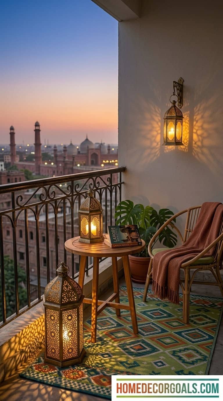 Balcony decor with lanterns and cozy seating for small spaces.
