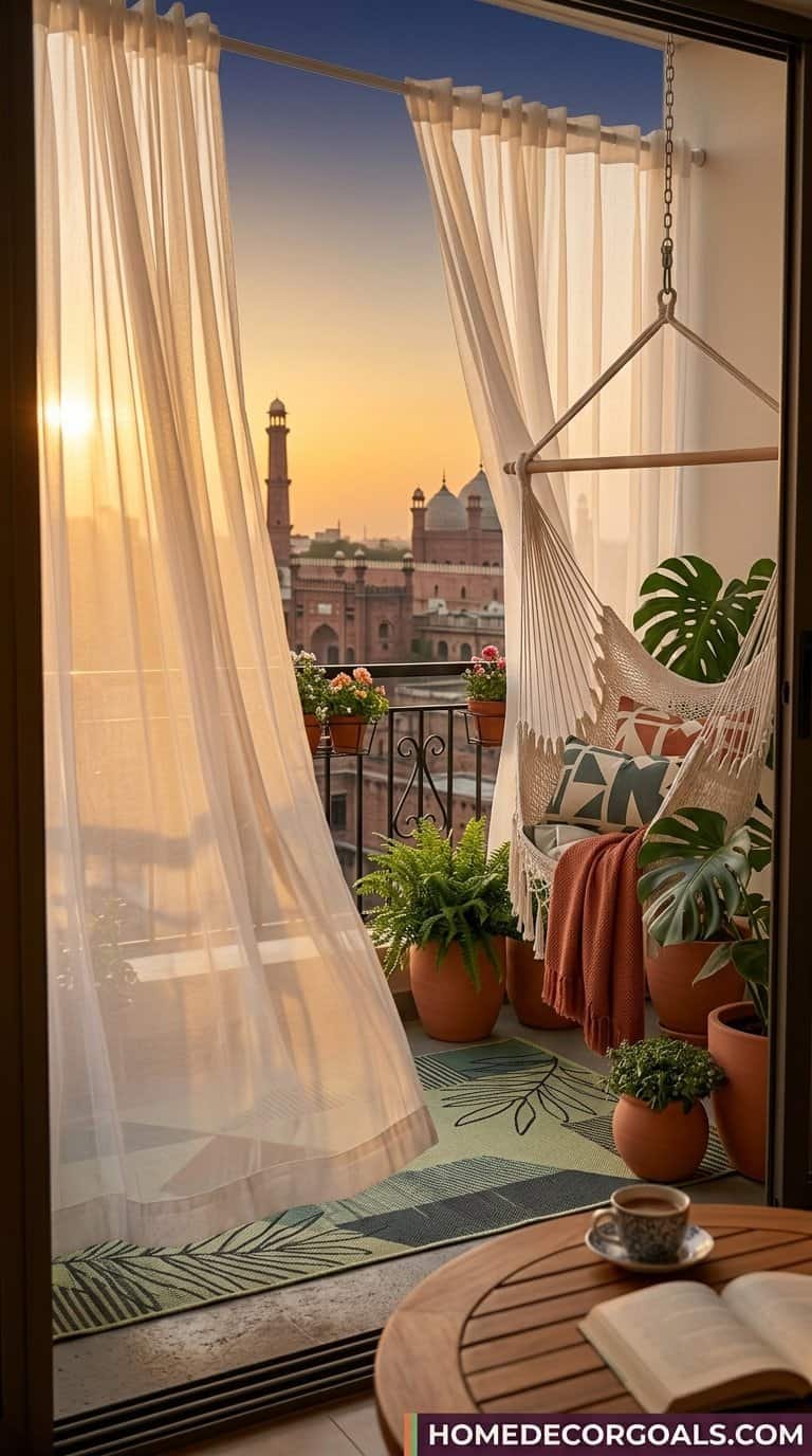 Bright balcony decor with flowing curtains, lush plants, and a sunset backdrop for small space style.