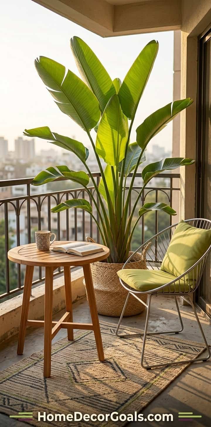 Bright green tropical plant on balcony for small space decor.