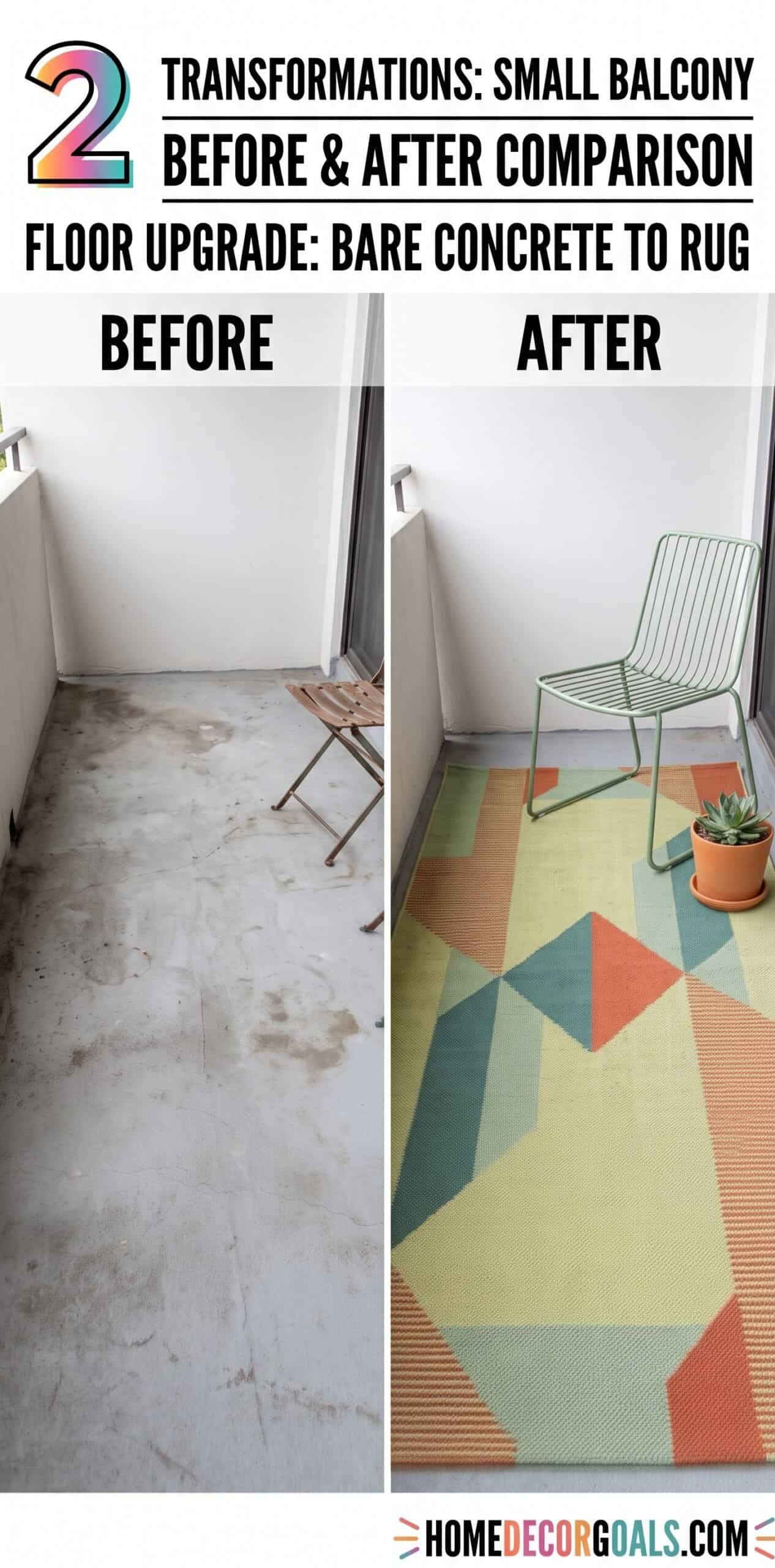 Balcony floor upgrade from bare concrete to colorful rug for a stylish, space-maximizing look.