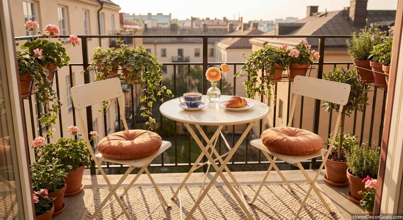 Balcony decor with potted flowers, a small table, and chairs, perfect for maximizing space and style.