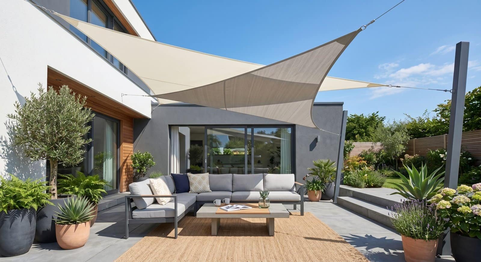 Outdoor patio with stylish shade sail and comfortable seating area for summer relaxation.