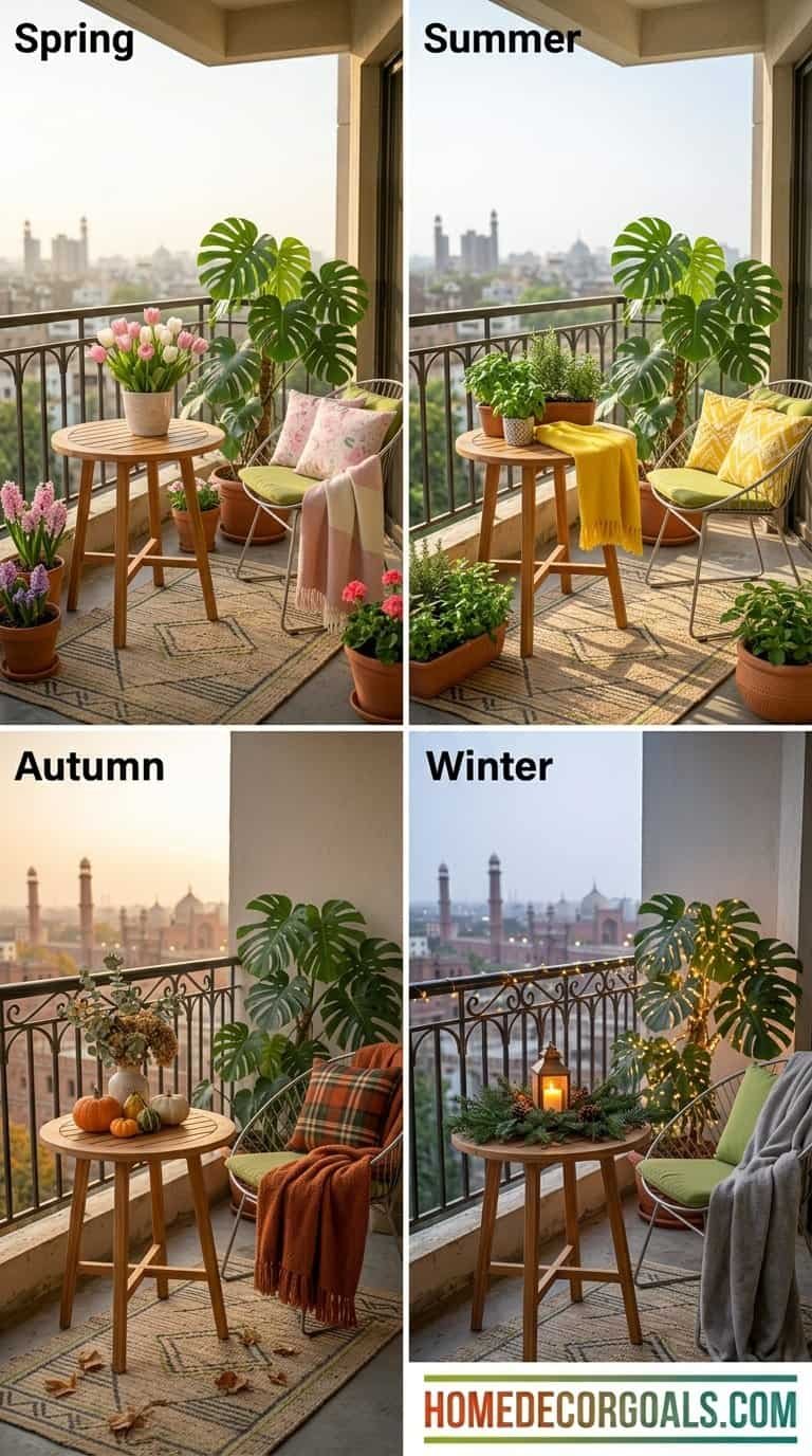 Charming balcony setup with seasonal decor ideas for spring, summer, autumn, and winter to maximize.