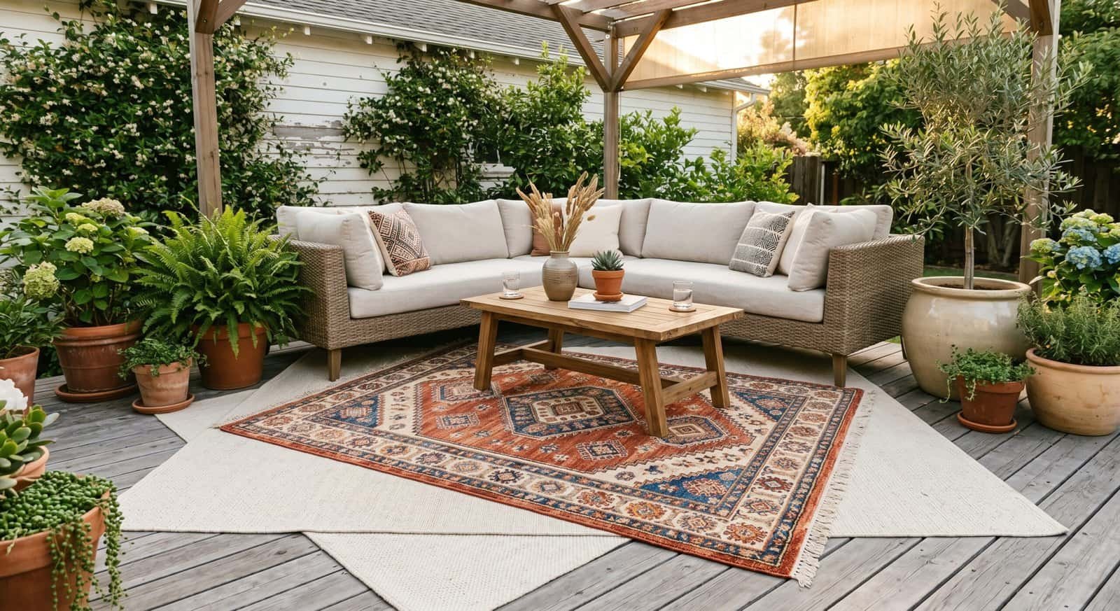 Outdoor patio with a stylish rug and comfortable seating area.