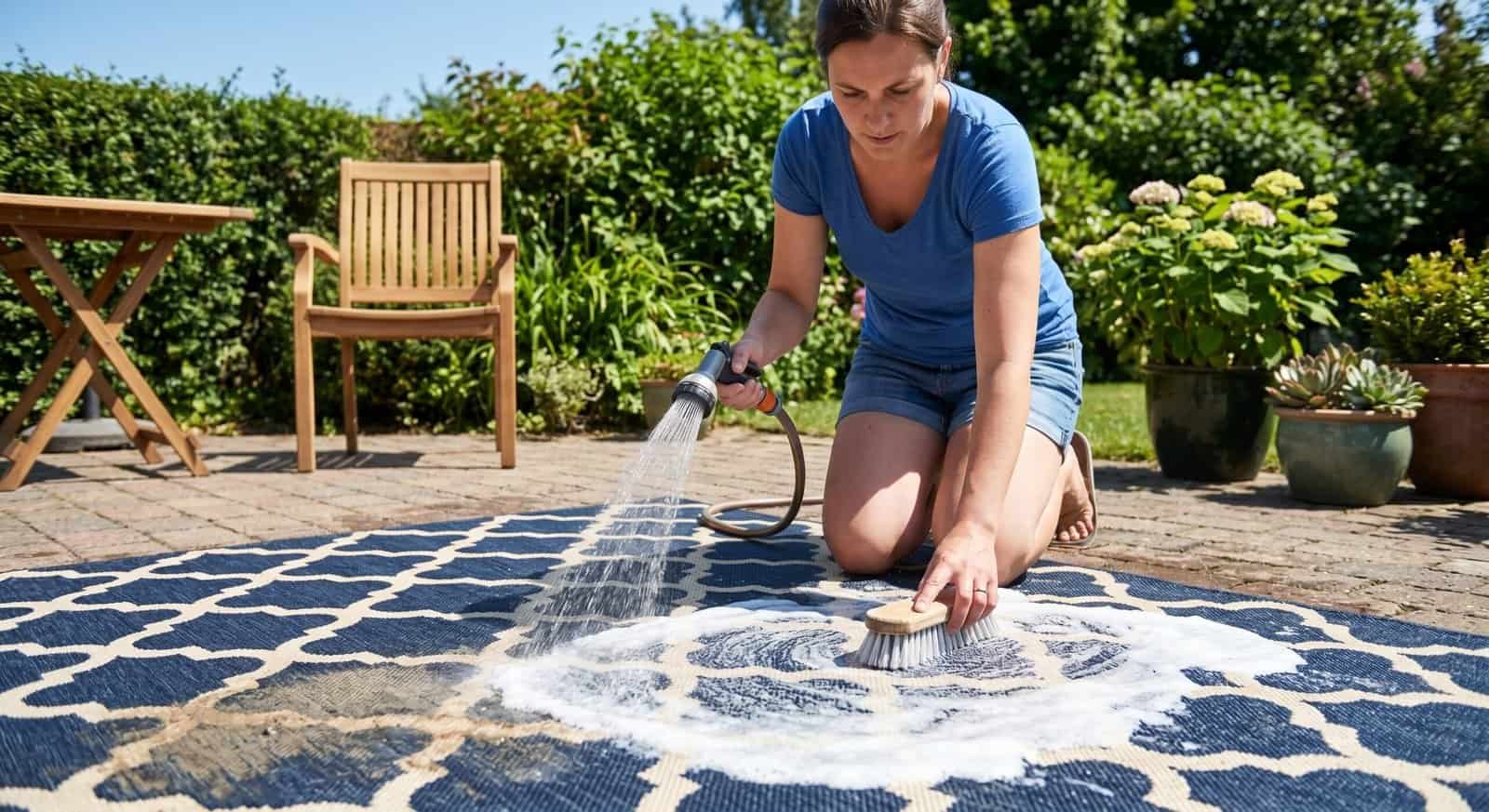 Woman cleaning an outdoor rug with a hose and brush in a garden patio.