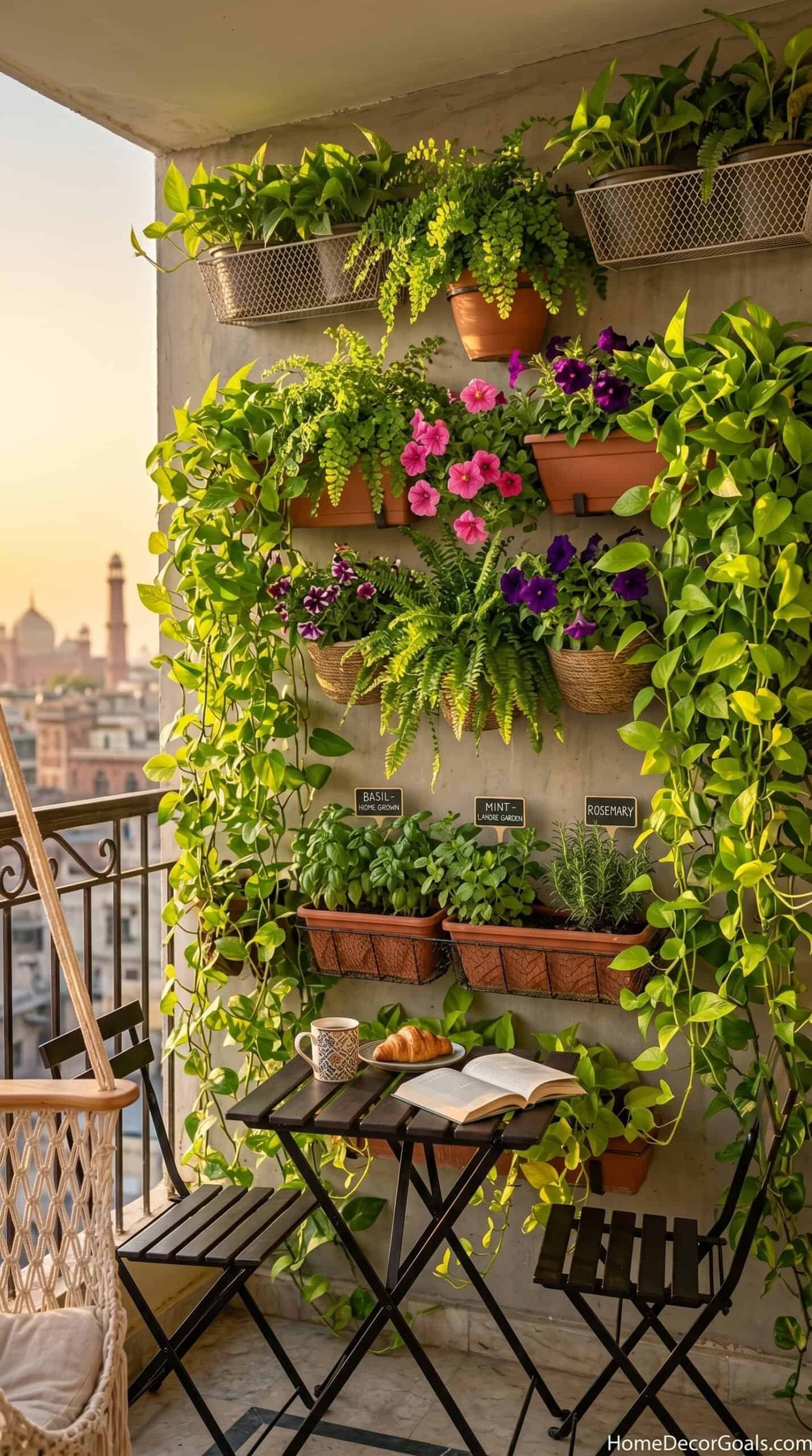 Bright balcony garden with lush green plants and colorful flowers for small space decor.