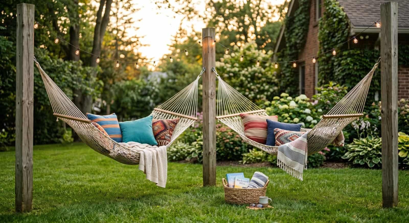 Relaxing outdoor hammock with colorful cushions in a lush garden setting.
