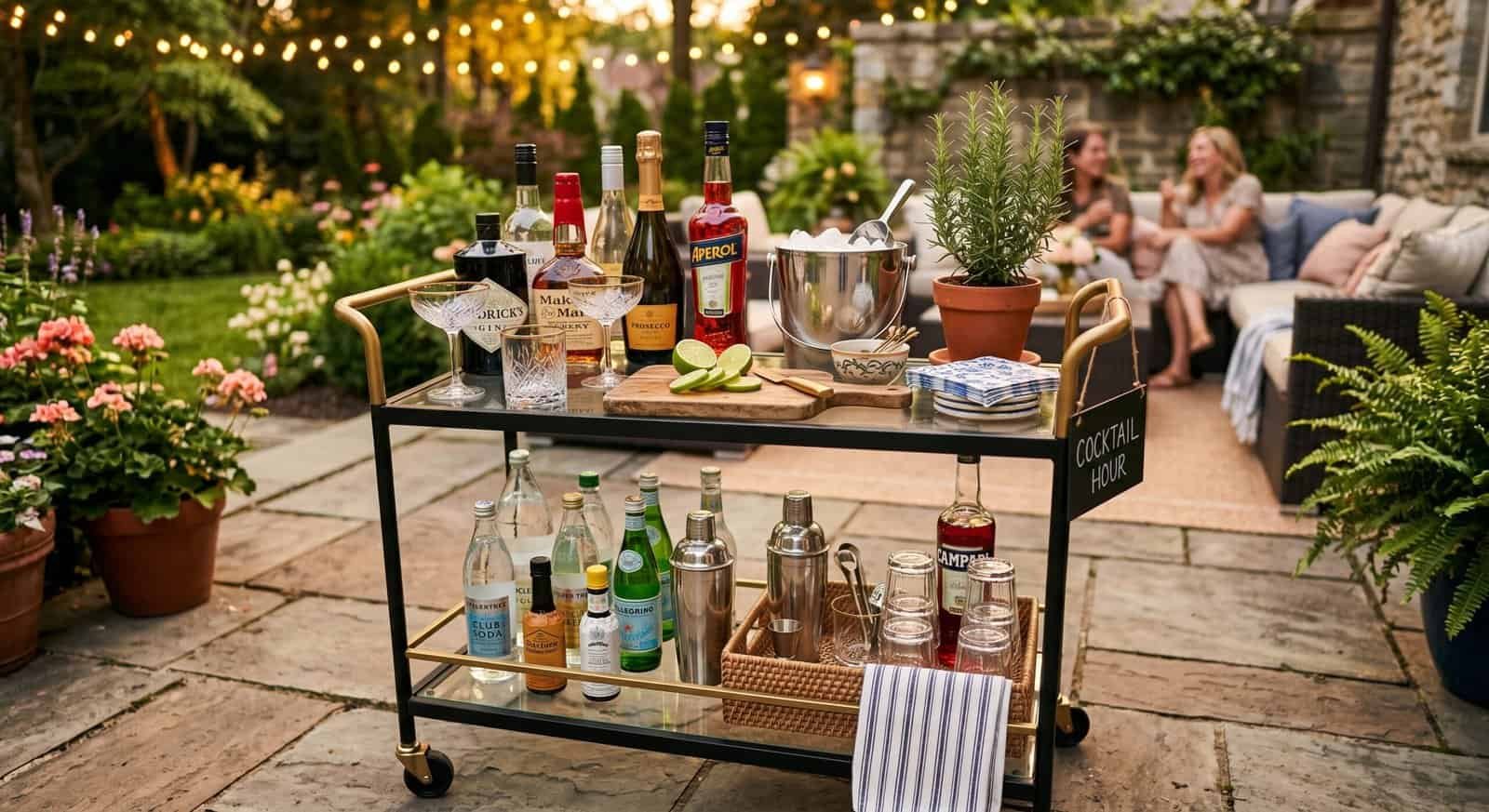 Outdoor patio bar cart with various bottles, glasses, and cocktail ingredients for summer gatherings.