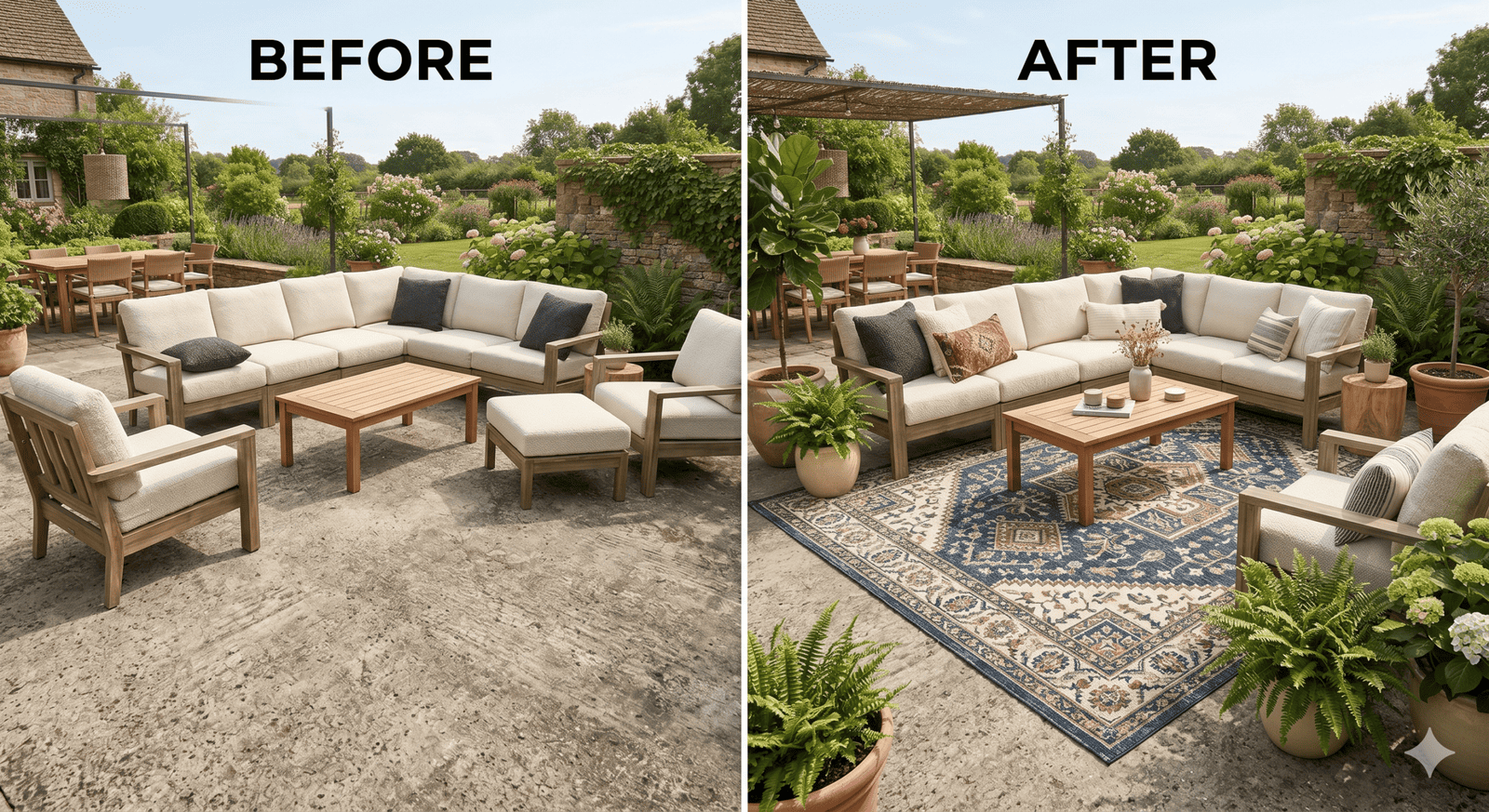 Before and after outdoor patio furniture makeover with cozy seating and decor.