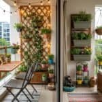 Balcony garden with potted plants, string lights, and cozy seating, maximizing small space with styl.