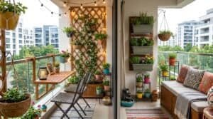 Balcony garden with potted plants, string lights, and cozy seating, maximizing small space with styl.