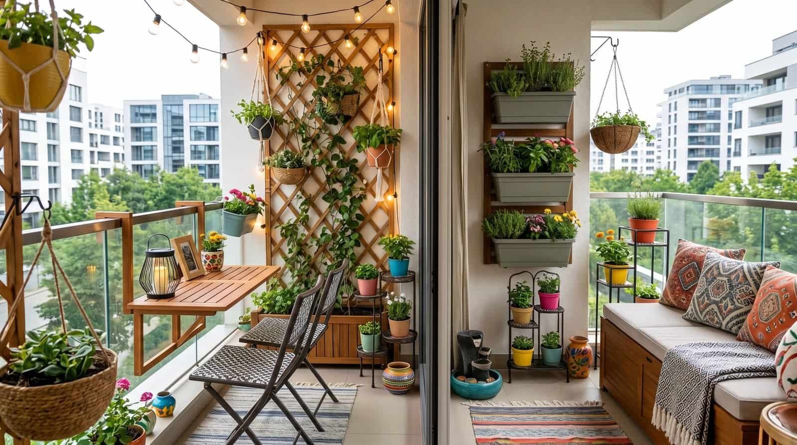 Balcony garden with potted plants, string lights, and cozy seating, maximizing small space with styl.