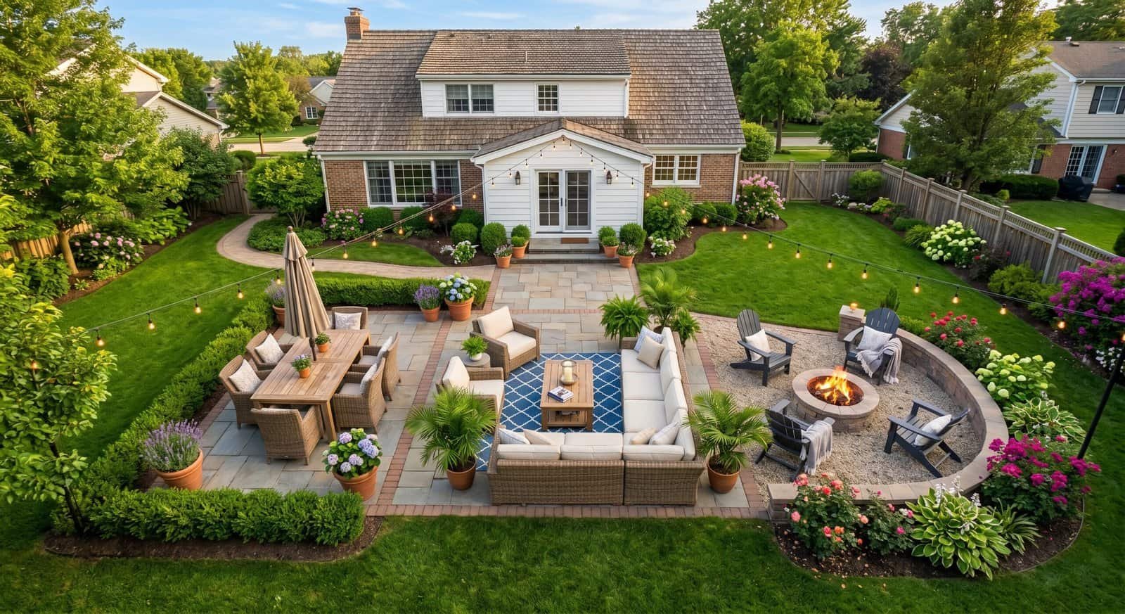 Beautiful backyard patio featuring comfortable seating, fire pit, and lush landscaping for perfect s.