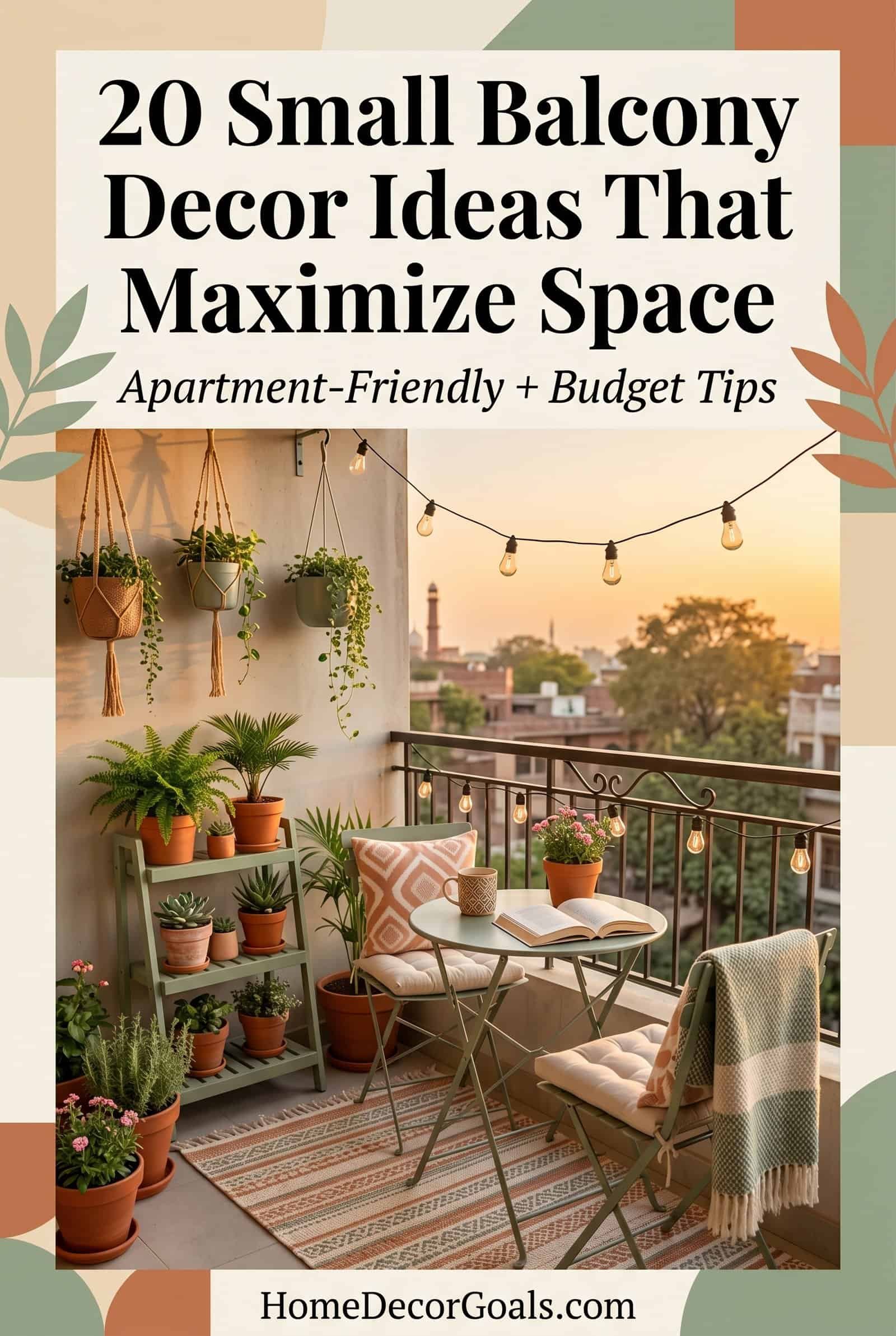 Charming small balcony with potted plants, string lights, and stylish furniture for maximizing space.