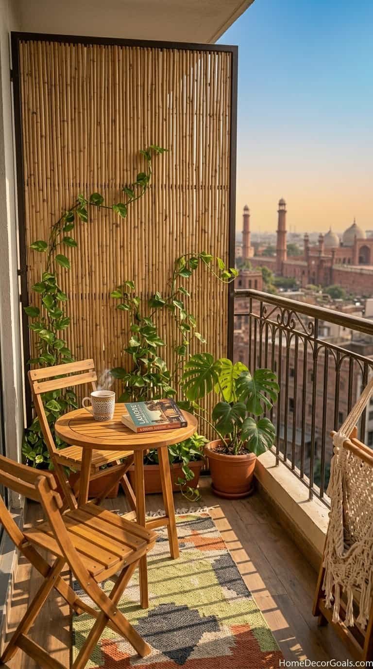 Balcony decor with wooden furniture, lush plants, and a scenic city skyline backdrop. Perfect for sm.