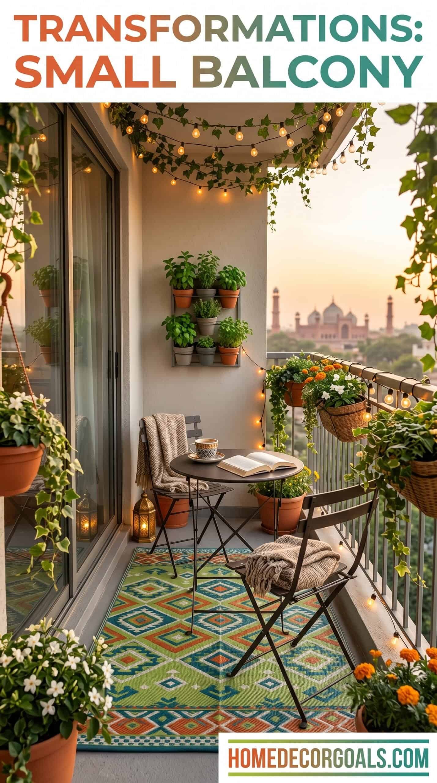 Outdoor balcony with lush plants, cozy seating, and string lights for a stylish small space.
