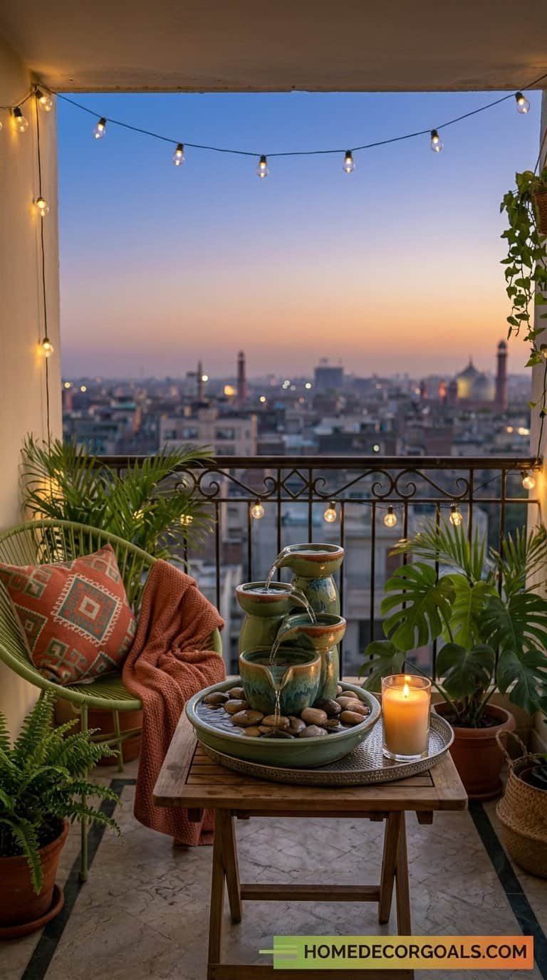 Balcony with string lights, lush plants, and a small table featuring candles and decorative water fo.