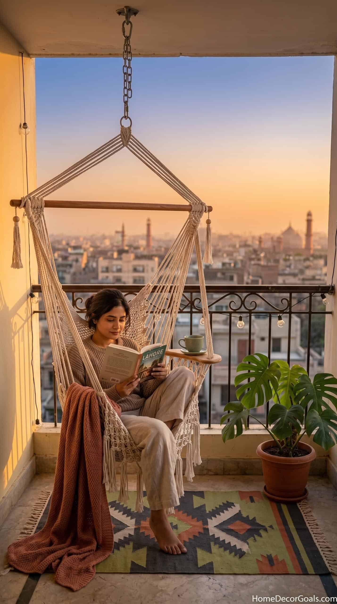 Woman relaxing in a hammock chair on balcony with city view at sunset.