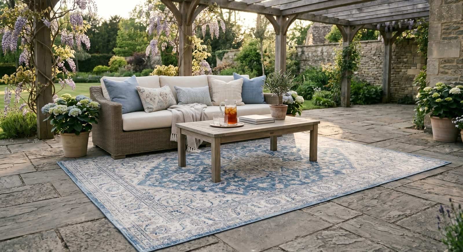 Outdoor patio with comfortable sofa, coffee table, and decorative rug for patio decor.