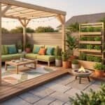 Outdoor living room with wooden pergola, comfortable seating, and lush greenery.