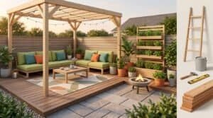 Outdoor living room with wooden pergola, comfortable seating, and lush greenery.