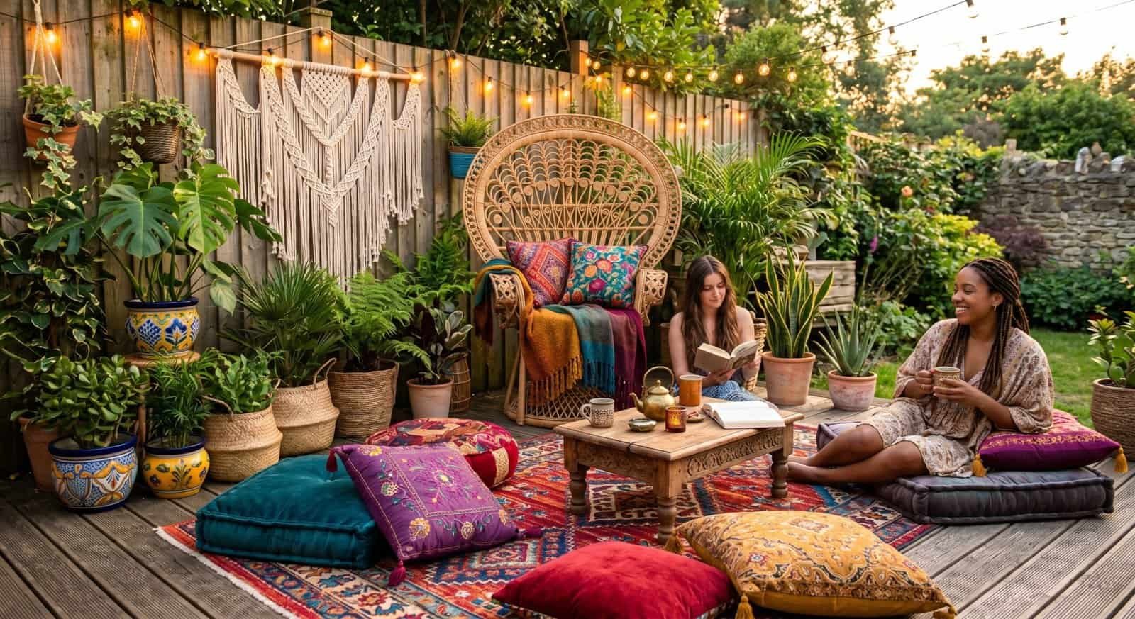 Outdoor patio with lush plants and colorful cushions for summer relaxation.
