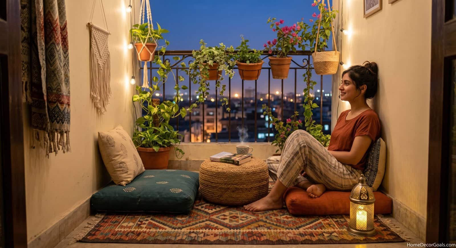 Small balcony with plants, cushions, and warm lighting for a cozy outdoor space.