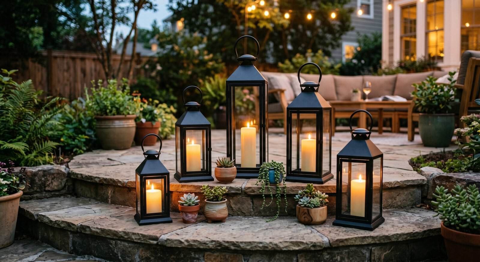 Outdoor lanterns with candles creating cozy ambiance in a backyard patio setting.