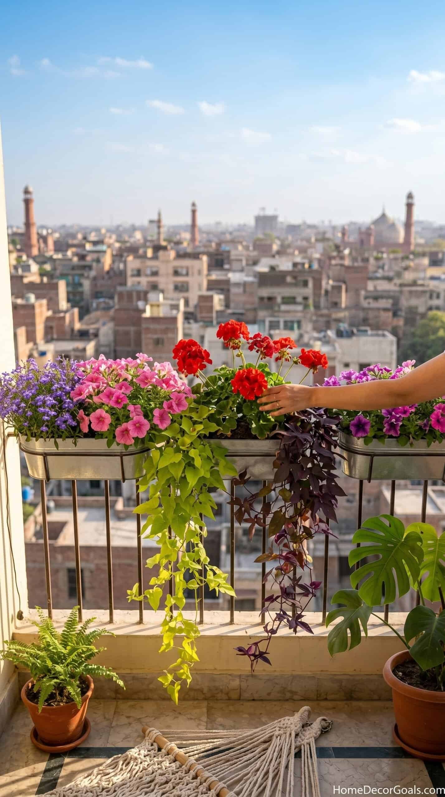 Balcony garden featuring vibrant red, pink, and purple flowers with lush green plants on a city roof.