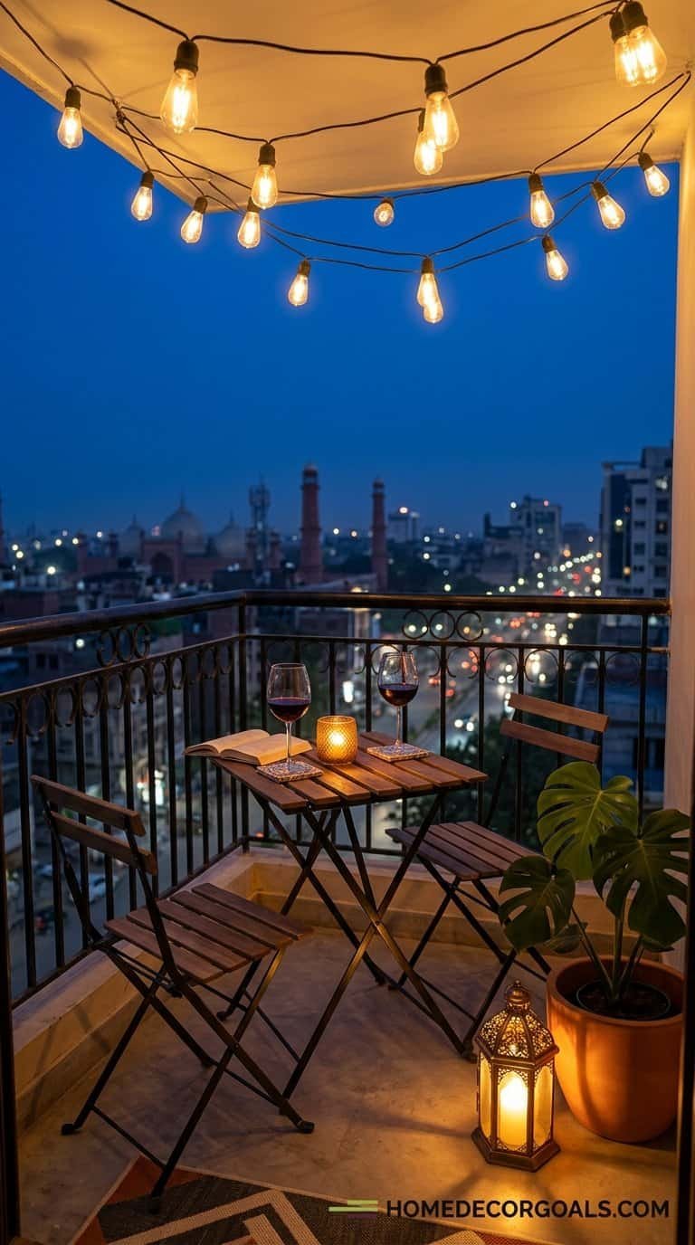 Small balcony decorated with string lights, table, and chairs at night with city skyline view.