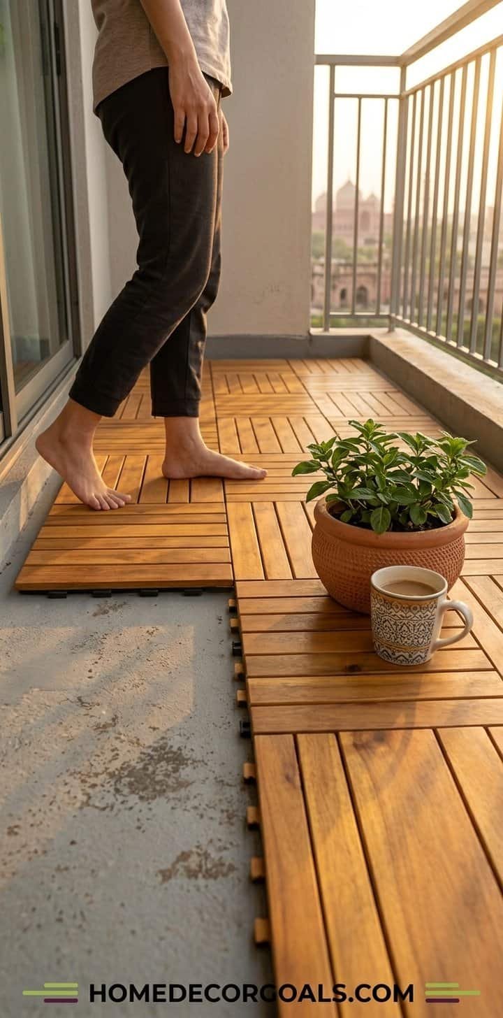 Balcony decor with wooden tiles, potted plant, and coffee mug for small space style.