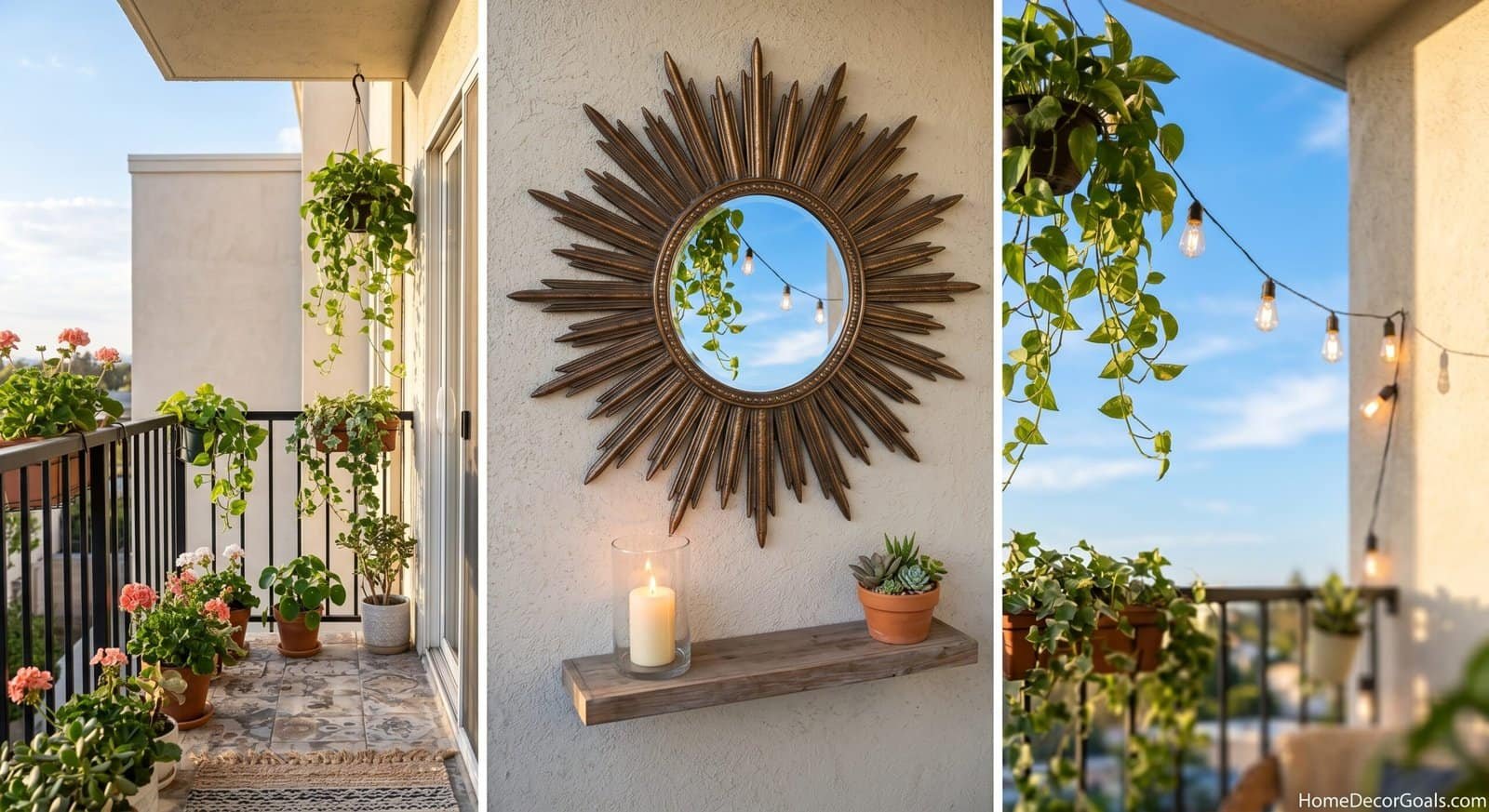 Decorative balcony with potted plants and string lights for cozy outdoor ambiance.