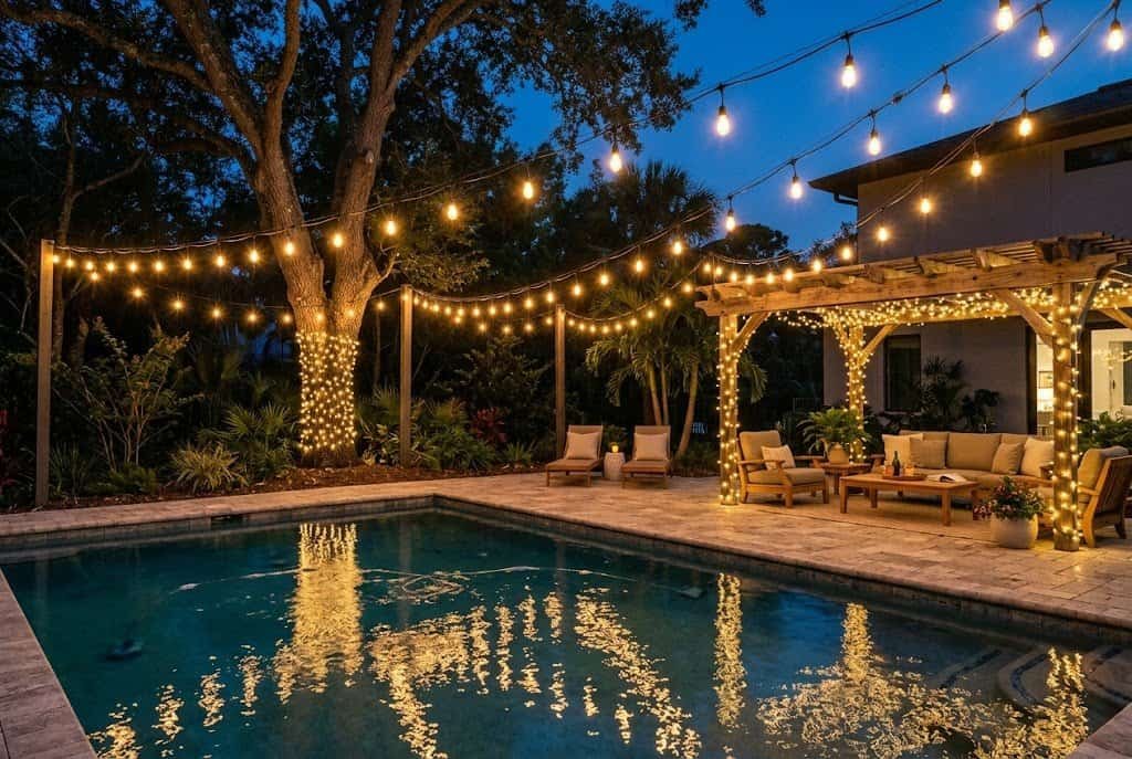 string lights over pool deck for evening ambiance and glow