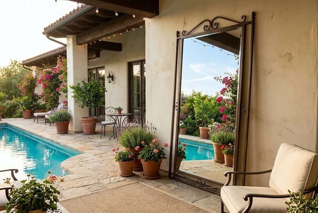 outdoor mirror on pool deck fence reflecting plants and sky