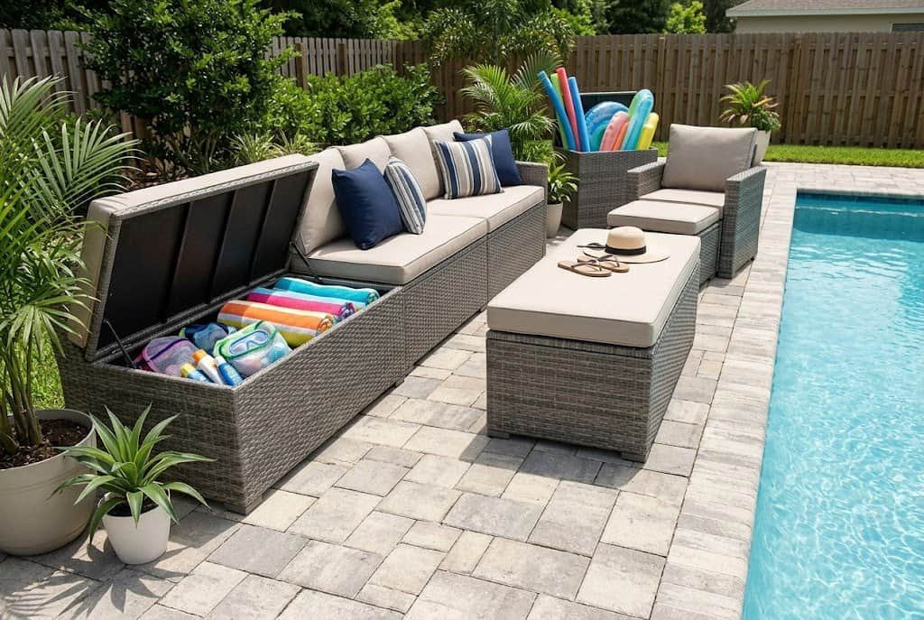 outdoor storage bench on pool deck doubling as extra seating