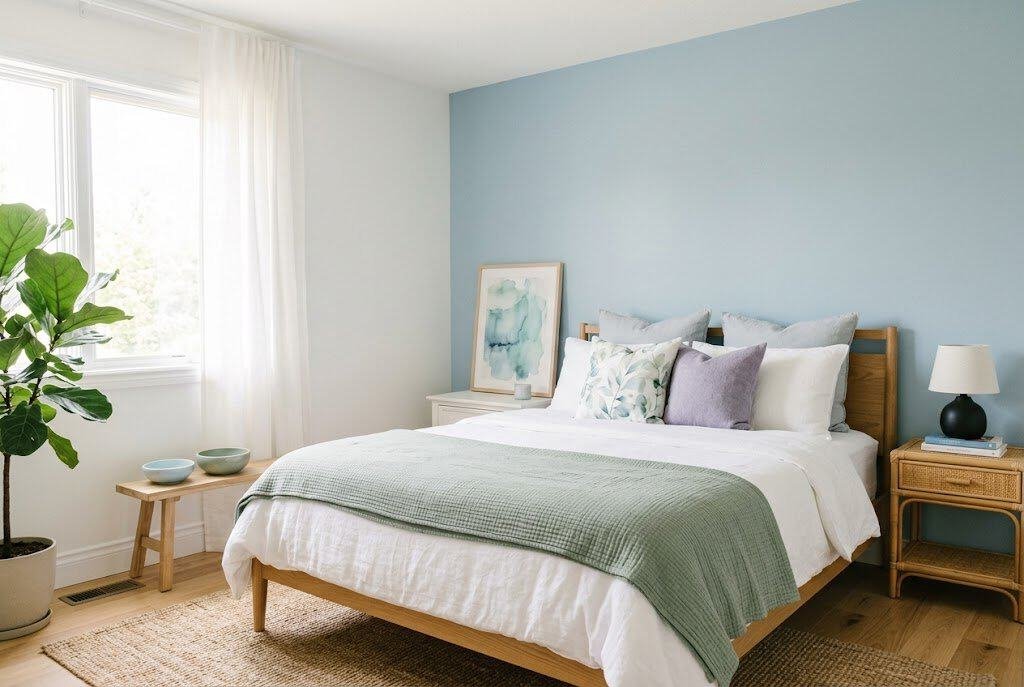 Bedroom decorated in soft sage green and pale blue tones creating a calm and cool summer mood