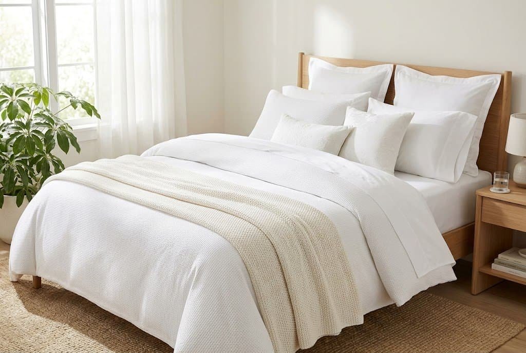 Crisp white bedding layered with light throws creating a clean and luxurious summer bedroom look