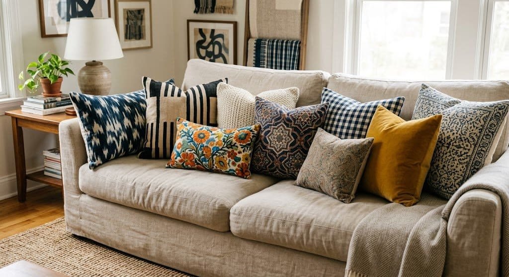 Combine different patterned pillows for a boho vibe