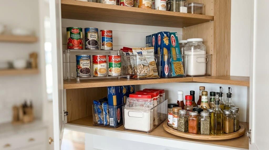 pantry storage hacks using risers bins and lazy susan organizers