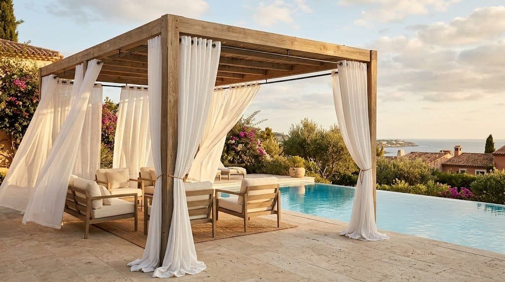 white outdoor curtains on pergola for pool deck shade and privacy