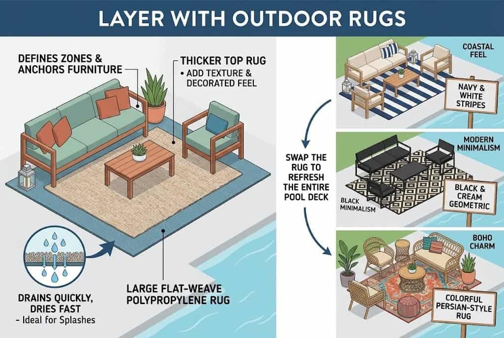 outdoor rug under pool deck seating area for cozy living room feel