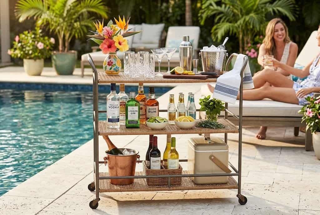 stylish bar cart on pool deck stocked with drinks and glassware