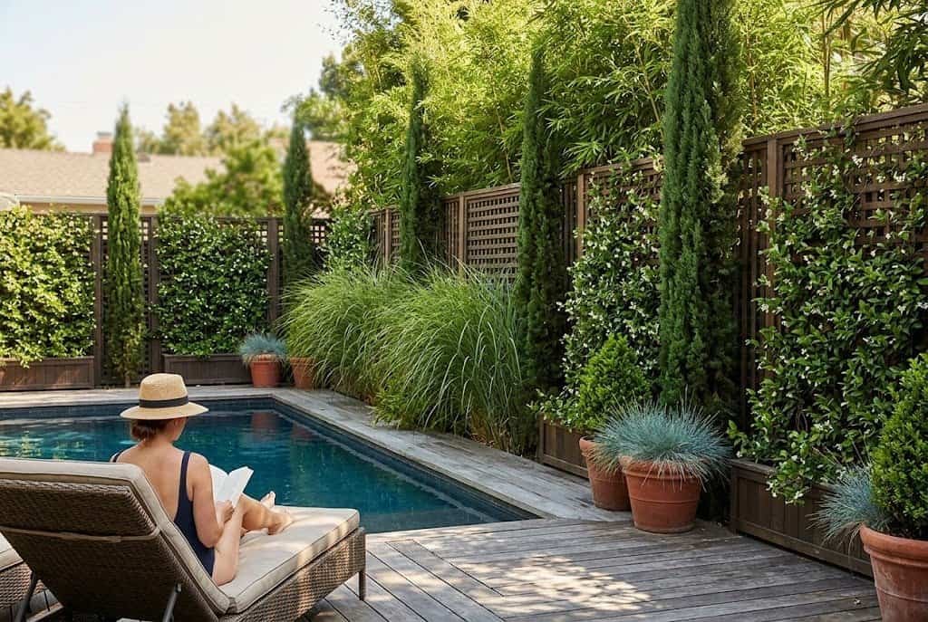 tall ornamental grass and bamboo privacy screen around pool deck
