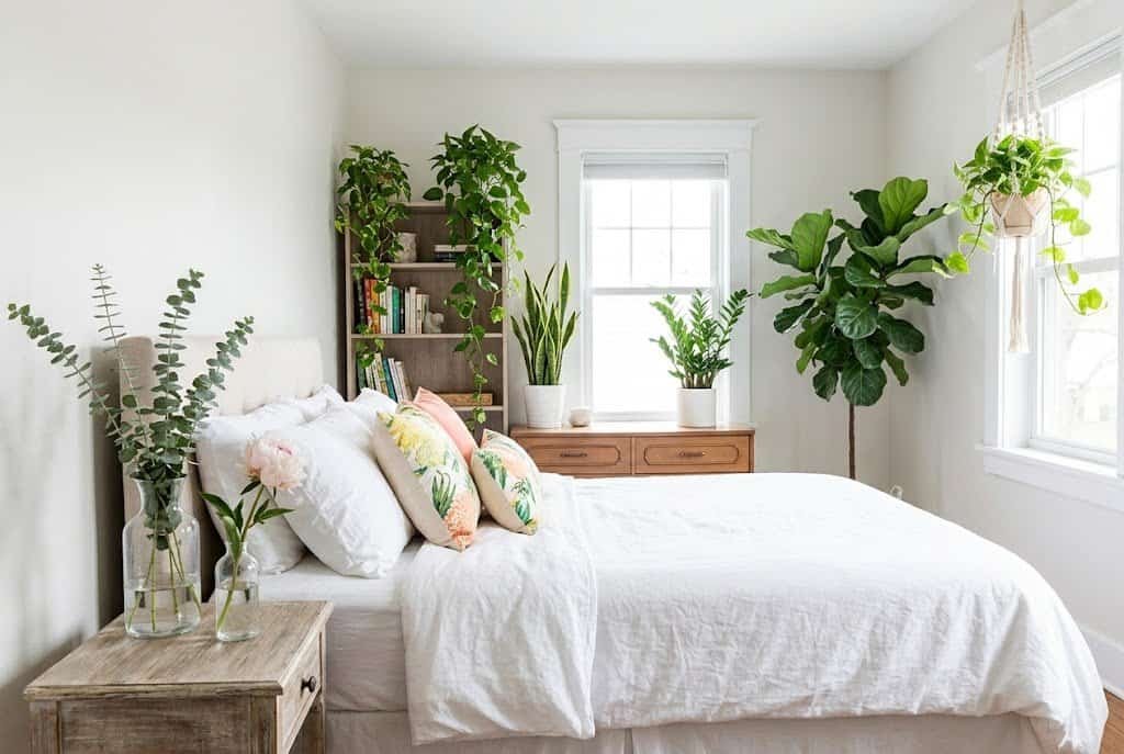 Fresh green plants and flowers placed in a bedroom adding natural freshness and summer vibes